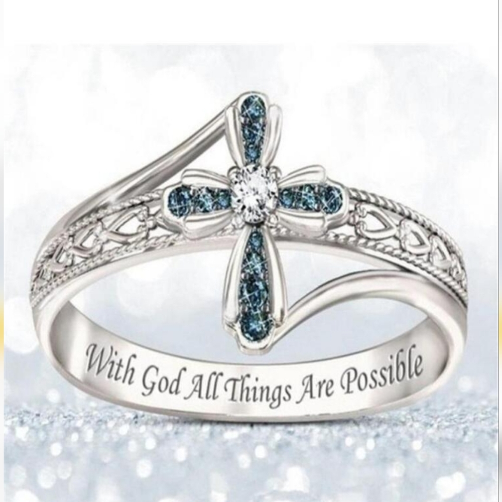 Sterling Silver Cross Ring Inscribed "With God All Things are Possible "